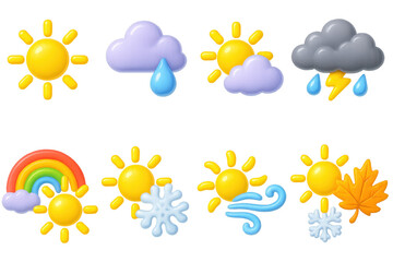 Y2k weather icons set &ndash; sun, cloud, rain, lightning, rainbow, snow, wind, leaf. 3D icon set