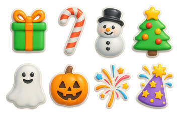 Fototapeta premium Charming holiday icons set – gift, candy cane, snowman, tree, ghost, pumpkin, fireworks, party hat. 3D icon set
