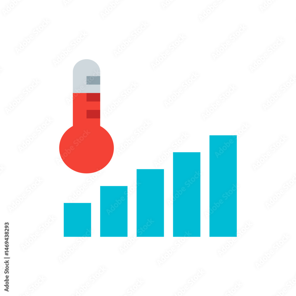 Poster illustration showing a thermometer with rising temperature next to a growing bar graph indicating in