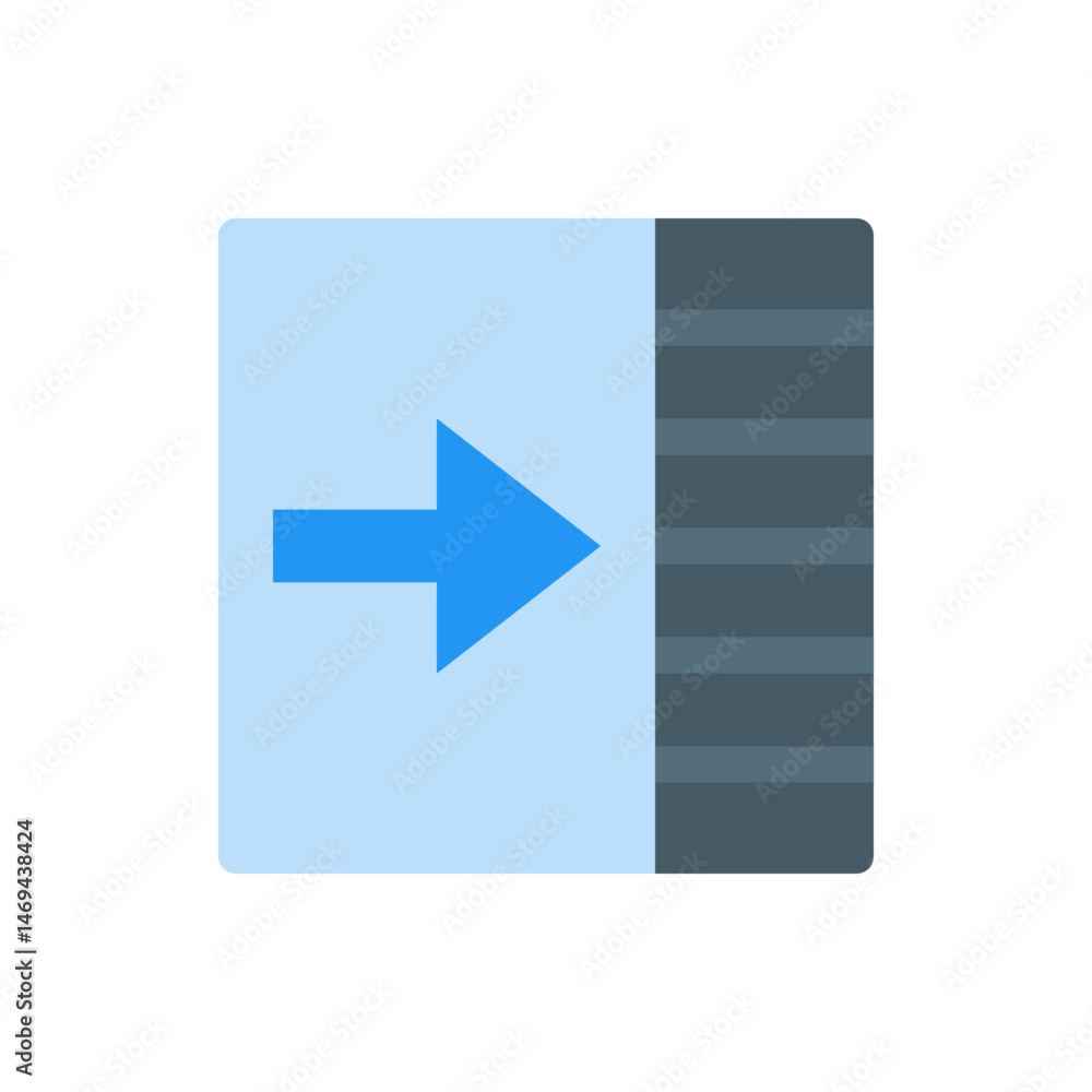 Poster a light blue square with a blue arrow pointing right next to a dark gray section with horizontal lin