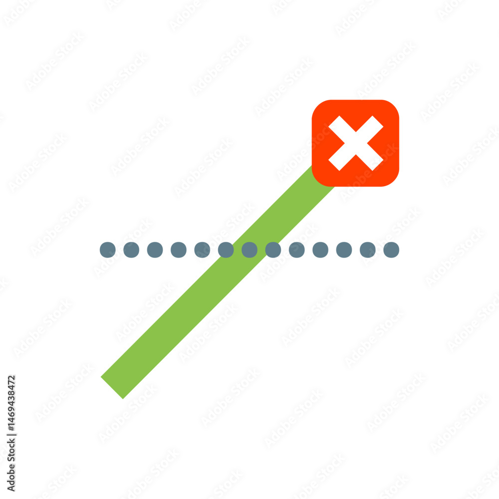 Poster green line crossing a dotted line with a red square containing a white x on a white background image