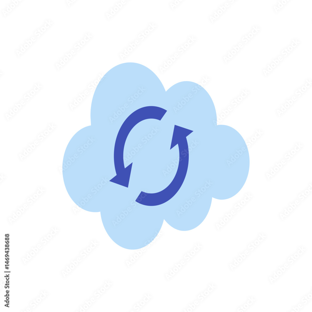 Poster a light blue cloud with a dark blue circular arrow indicating synchronization or data exchange proce