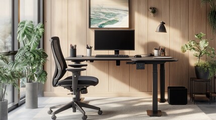 Modern ergonomic office space with standing desk setup and natural lighting