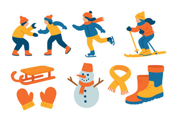Winter sports and activities solid icons set – skiing, skating, sledding symbols