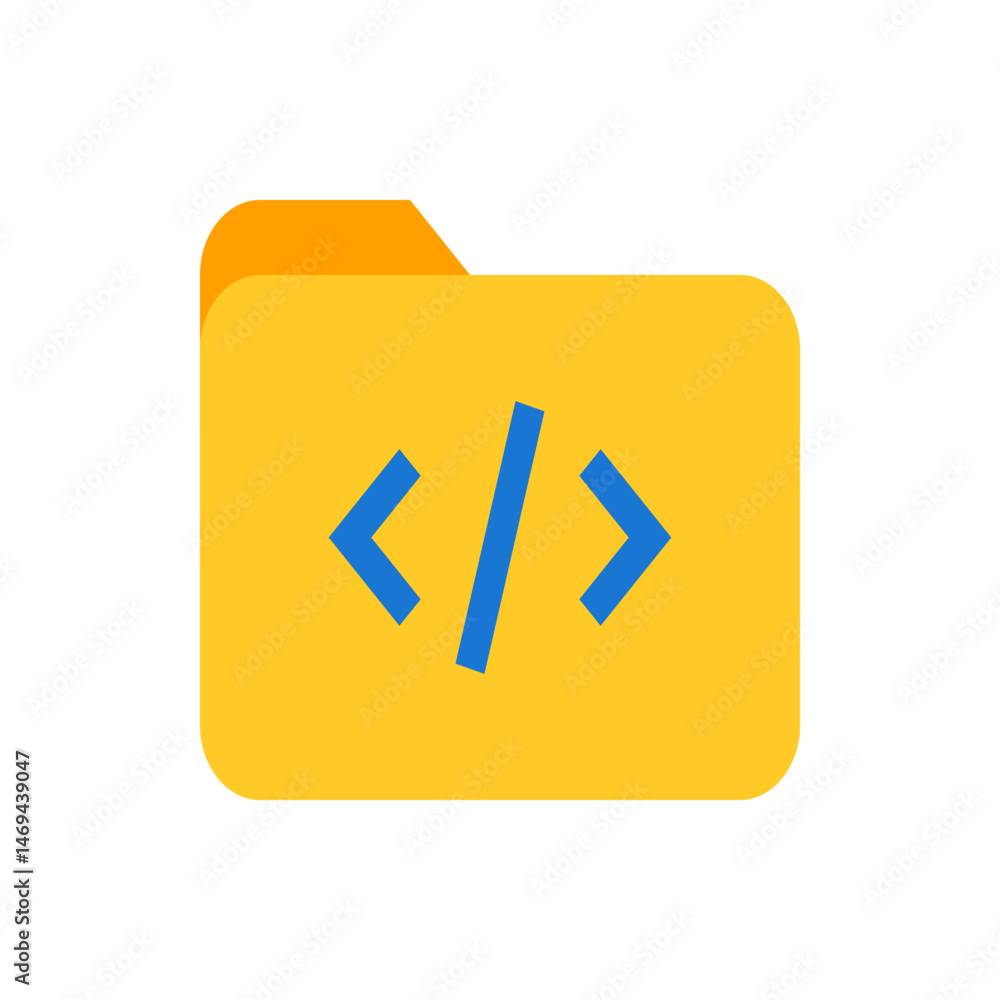 Poster yellow folder with an orange tab and blue angle brackets representing code or programming inside the