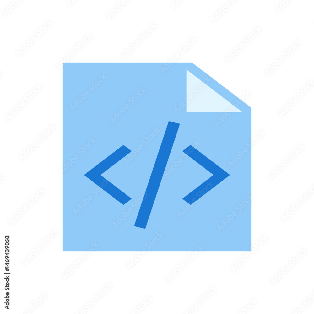 Poster light blue document with a folded corner and a blue code symbol in the center of the document image 