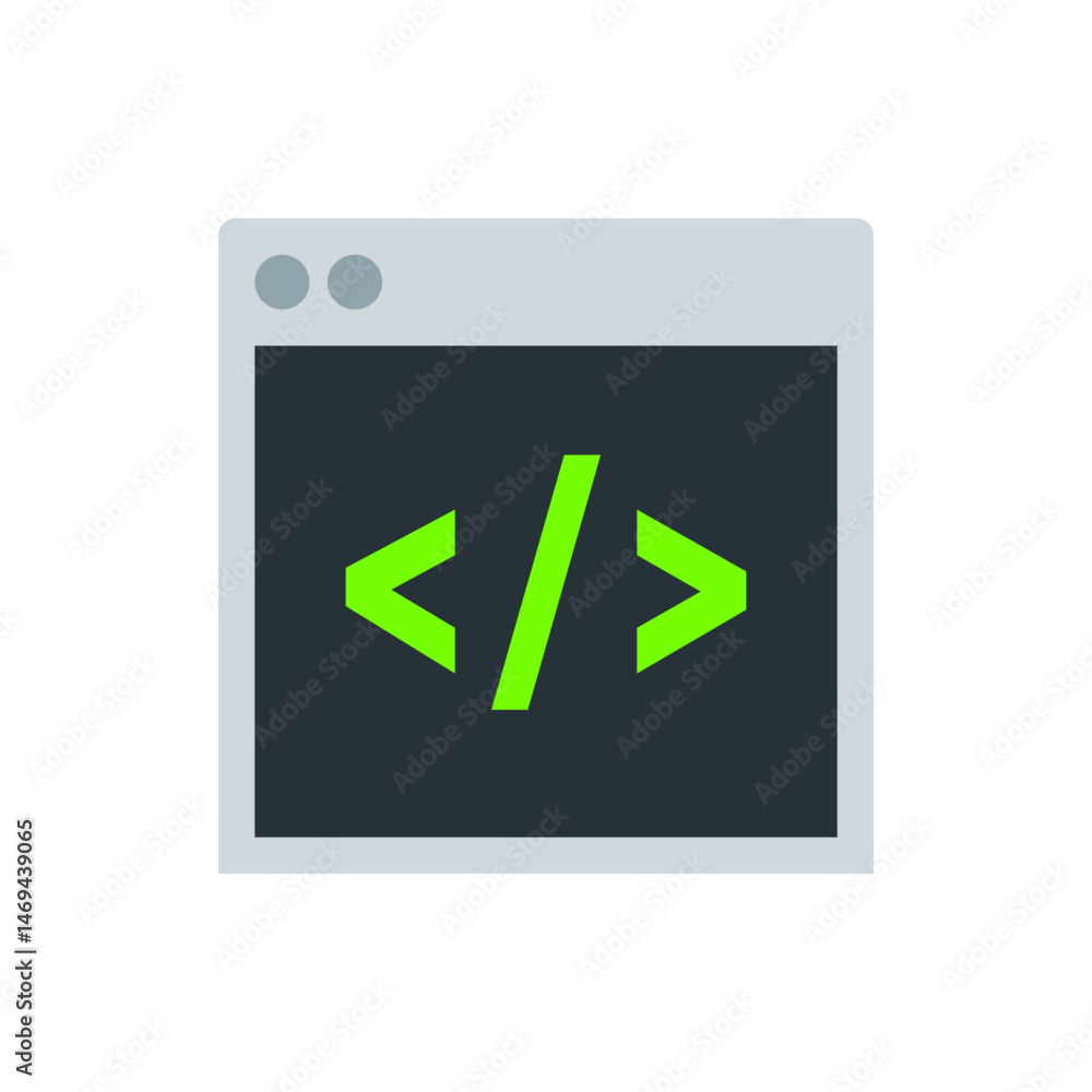 Poster illustration of a computer screen displaying green code symbols on a dark background in a modern sty
