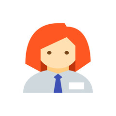 Illustration of a woman with red hair wearing a blue tie and light blue shirt in a flat vector style
