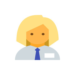Illustration of a blonde woman with a blue tie and a name tag wearing a white shirt in a flat style