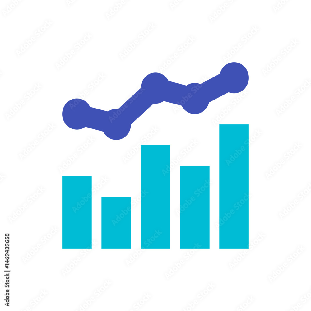 Aufkleber illustration of a bar graph with cyan bars and a dark blue trend line showing growth and progress me