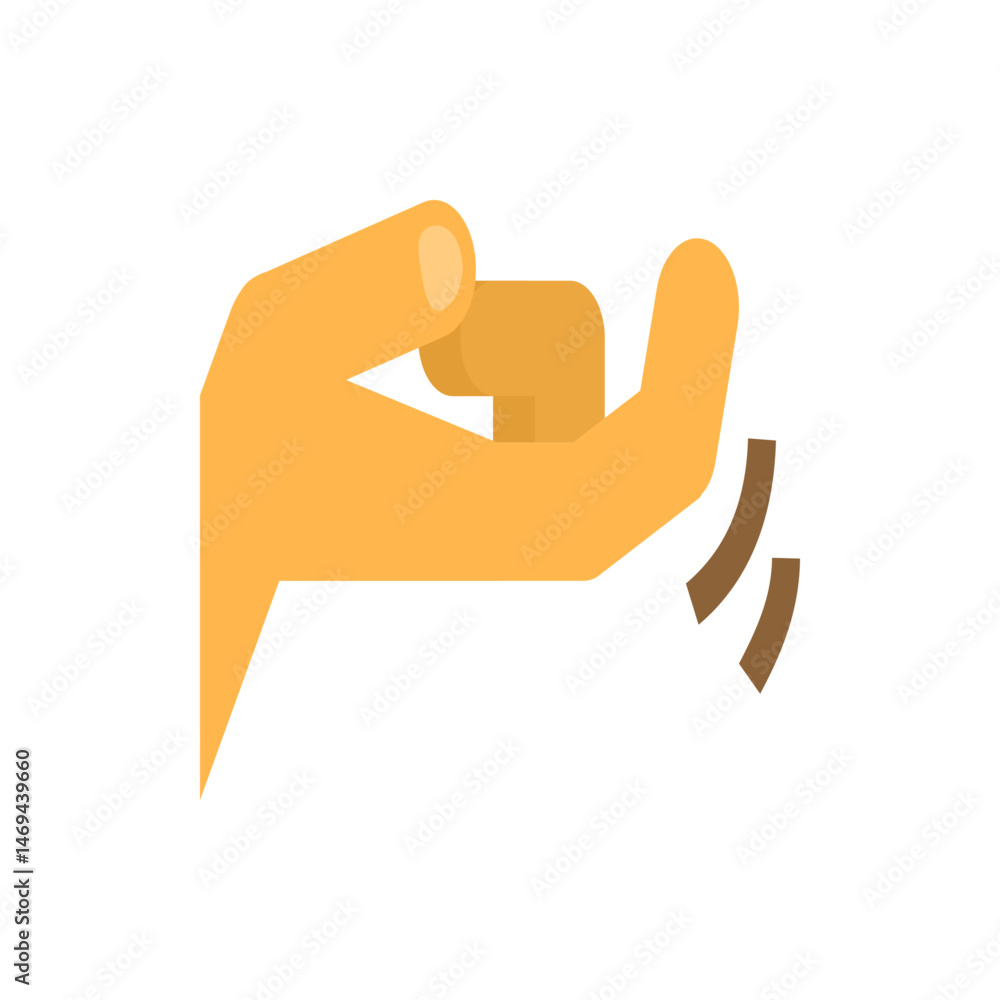 Poster illustration of a hand holding a small object with sound waves emanating from it on a white backgrou