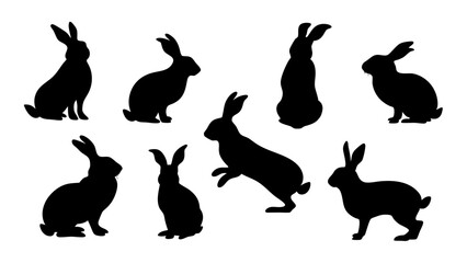 set of rabbits silhouette vector on tranparent background