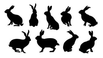 set of rabbits silhouette vector on tranparent background