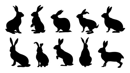 set of rabbits silhouette vector on tranparent background