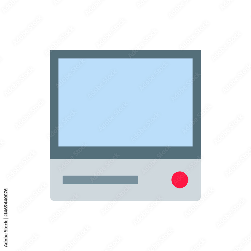 Poster illustration of a retro computer with a blue screen and a red power button on a light gray base unit