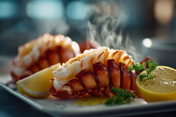 A delectable image of a cooked lobster tail served with lemon and parsley, perfect for food lovers.