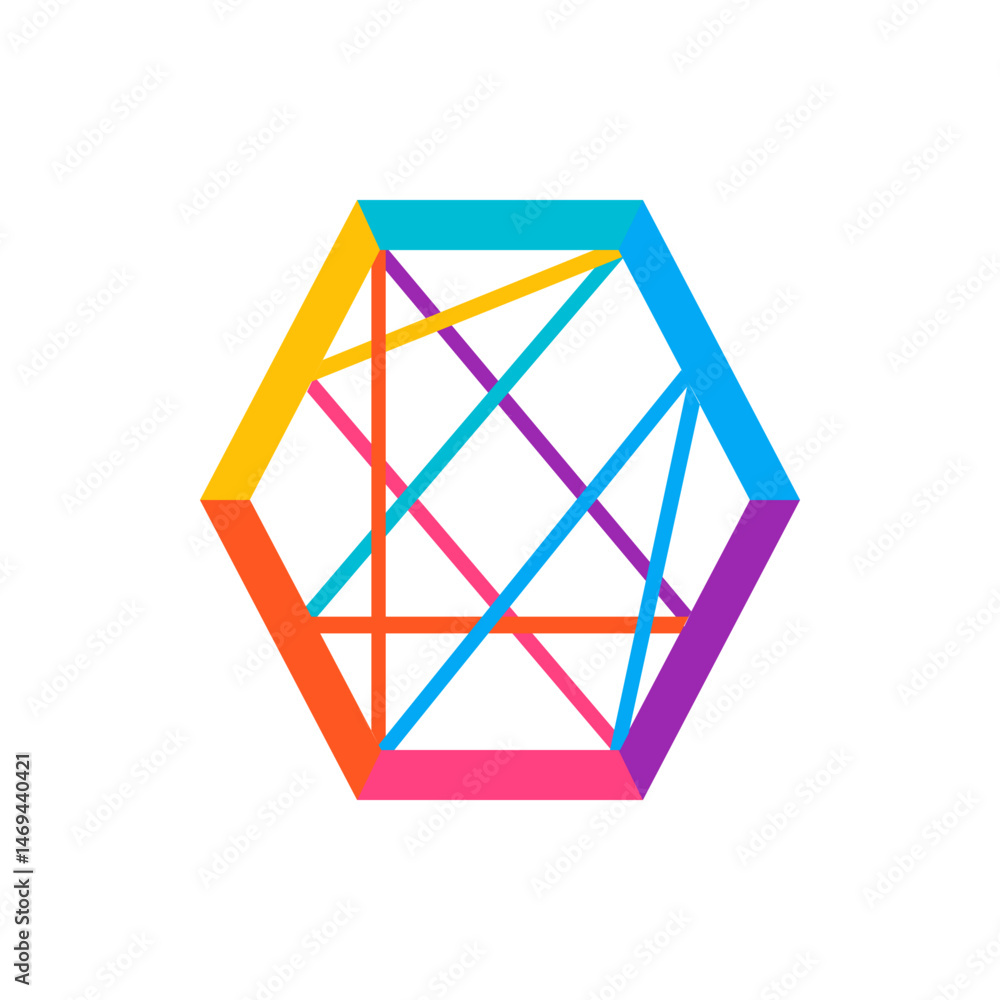 Poster colorful hexagon shape with intersecting lines creating a geometric abstract design on a white backg