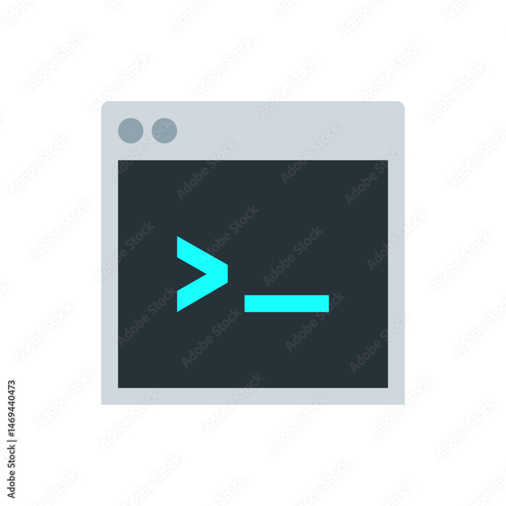 Poster illustration of a terminal window with a command prompt symbol and a cursor on a gray background