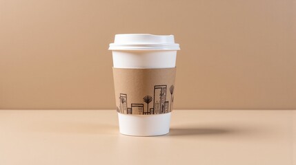 White disposable coffee cup with city design sleeve on beige background - urban caffeine fix