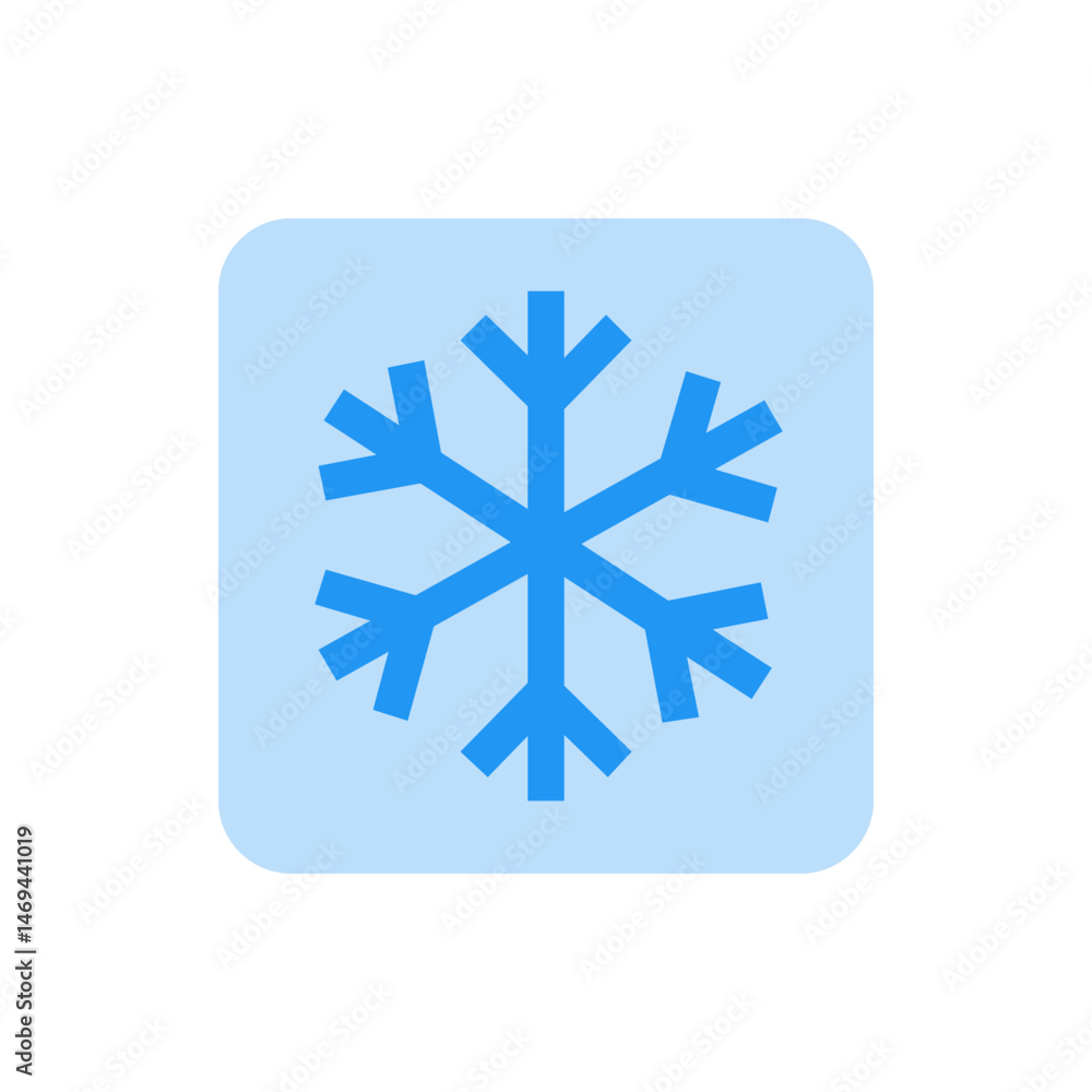 Poster blue snowflake icon centered on a rounded square with a light blue background and winter theme desig
