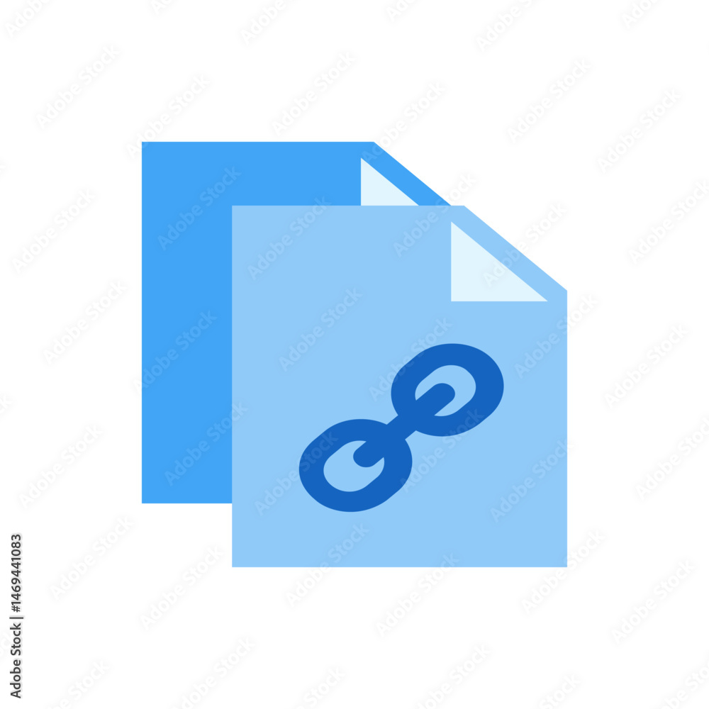Poster two document pages with a blue chain link icon on the top page in a simple flat vector design style