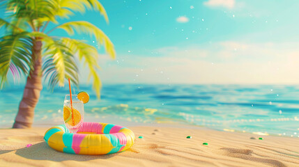 Obraz premium Pool float and juice on the golden sands of Tropical Pastel Beach with its palm and turquoise waters