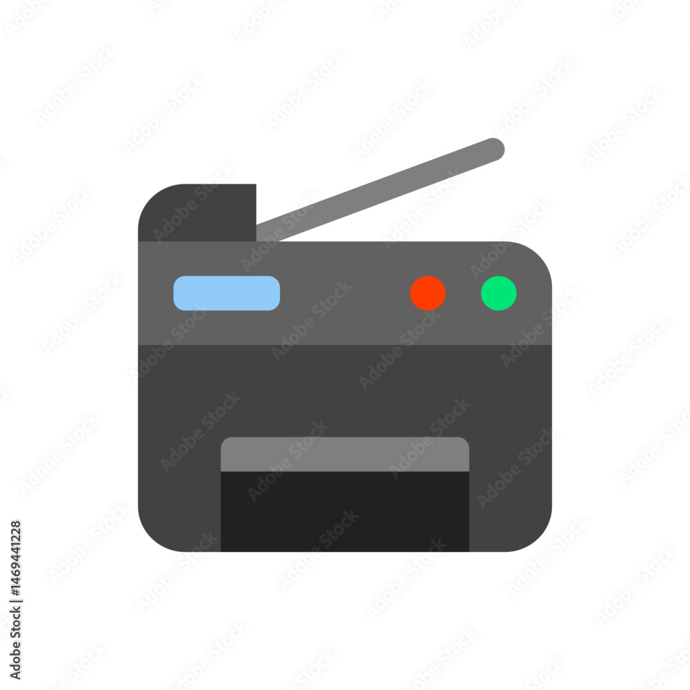 Poster illustration of a gray printer with a blue button and two indicator lights on a white background ima