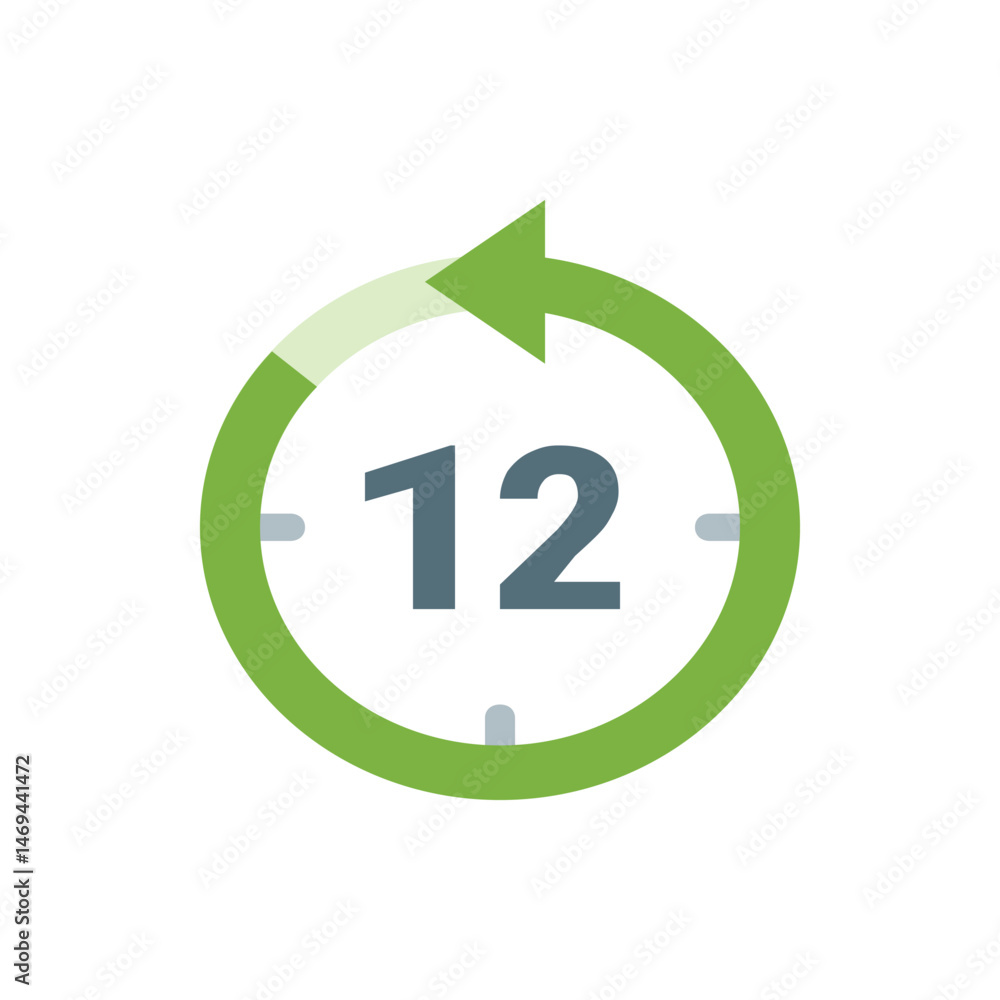 Poster illustration of a circular arrow with a number twelve inside and small indicators around the circle 