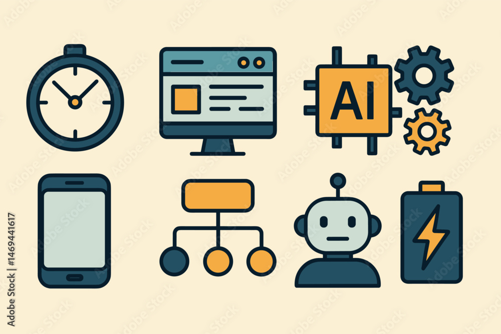 Poster technology and ai icons set – flat, outline, robotics and gadget symbols