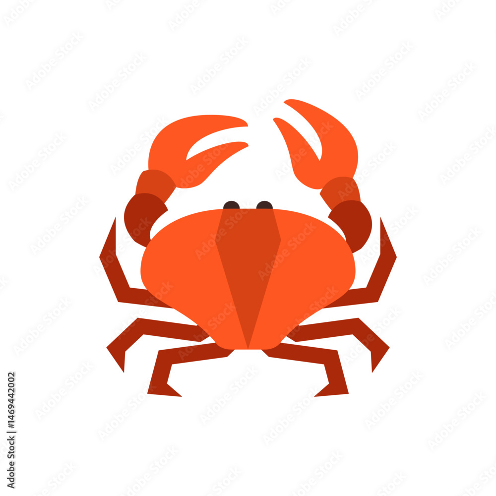 Poster illustration of a geometric crab with orange shell and claws on a white background simple design sty