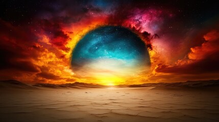 Eyes reflecting the grandeur of a starry sky over a vast desert landscape.