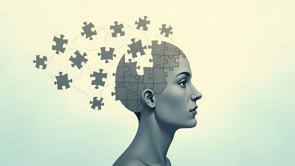 Obraz premium Mind Puzzle: Abstract illustration of a woman's head with puzzle pieces, symbolizing the complexity of the human mind, problem-solving, and mental health.