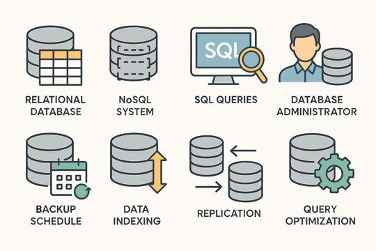 Database and sql outline icons set &ndash; flat, linear, data management symbols