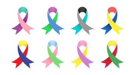 Awareness ribbon three colors silhouettes vector set. International day ribbon bow symbol isolated colorful icons. 