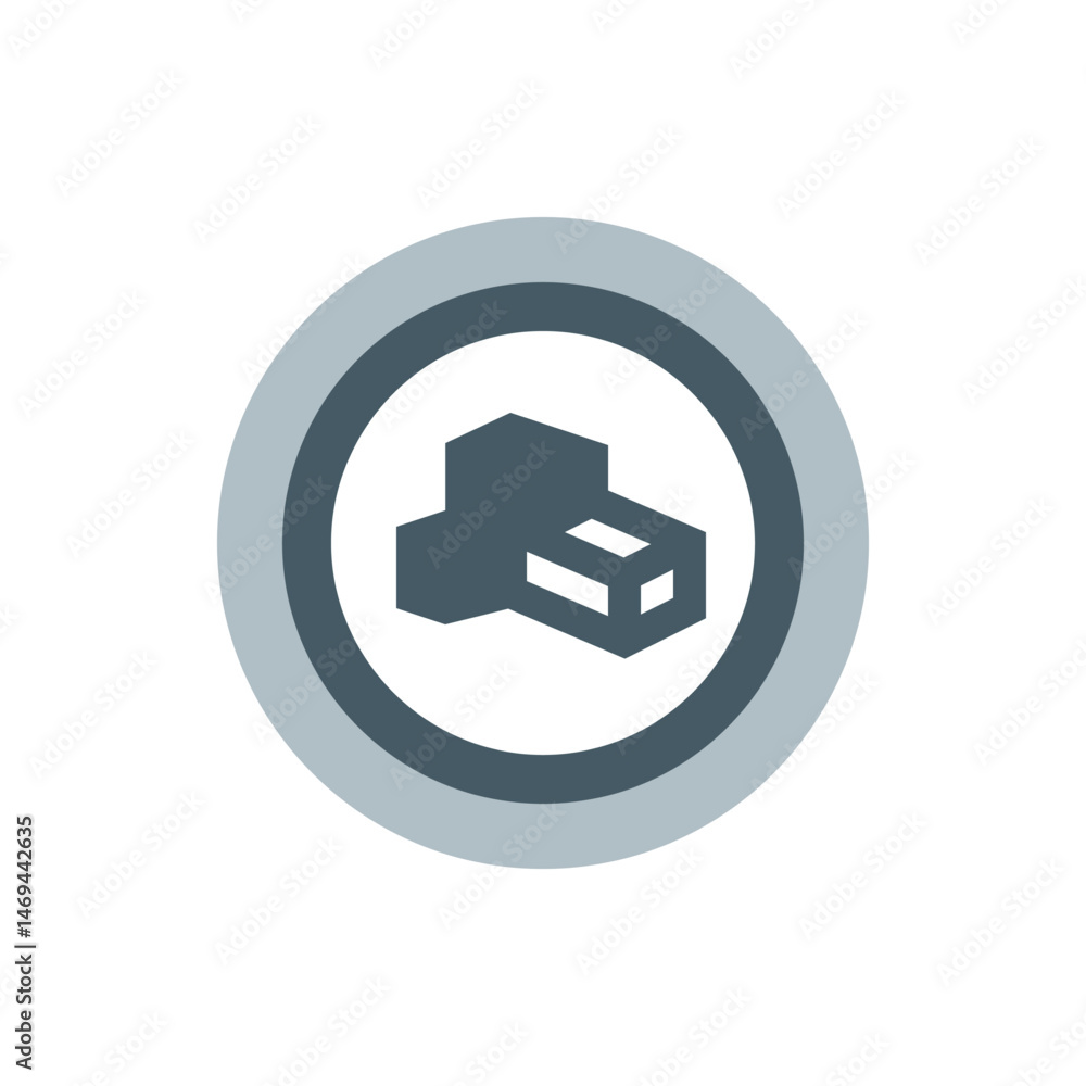 Poster isometric dark gray structure inside a white circle with a gray border around the white circle shape