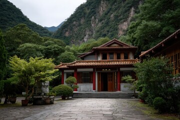 Serene Mountain Temple: Tranquil Asian Architecture Amidst Lush Greenery