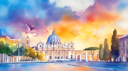 Vibrant watercolor of St. Peter's Basilica at sunset, showcasing beautiful colors.