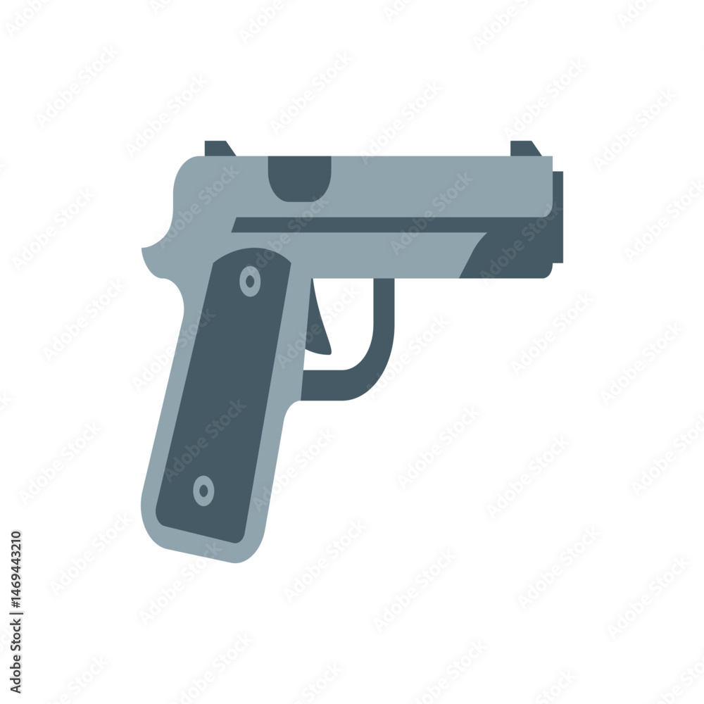 Poster illustration of a gray handgun with a dark gray handle and trigger against a white background design