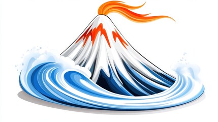 Stylized Volcano Eruption Amidst Swirling Blue Waves