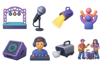 3d y2k concert icons set – stage, microphone, spotlight, crowd, speaker. 3D icon set