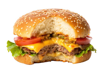 Bitten Cheeseburger isolated on a transparent background.