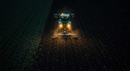 Farm tractor cultivating dark field at night