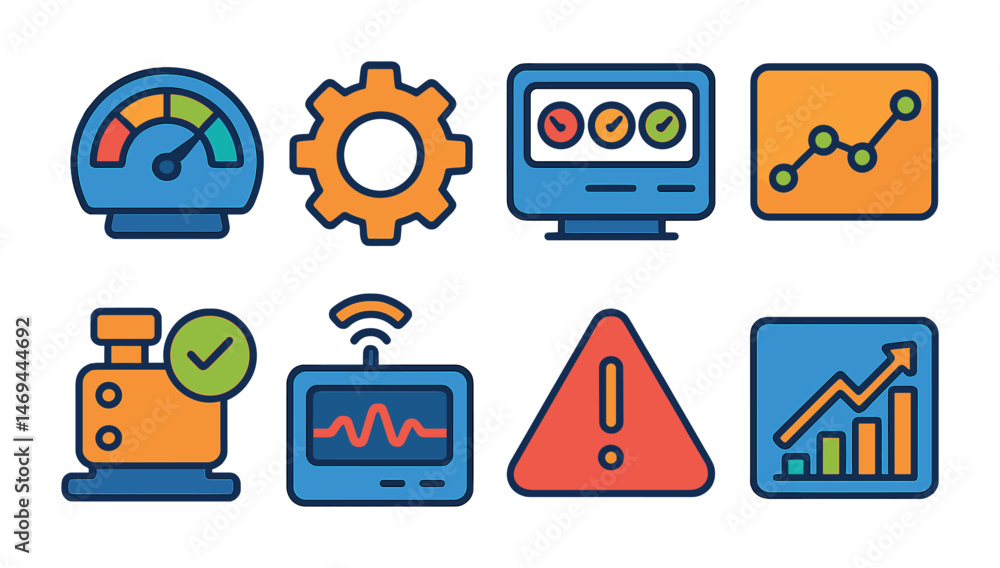 Poster business analytics icons set – flat, linear, data visualization and dashboard symbols