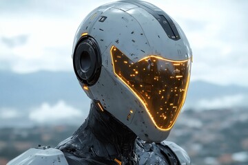 Fototapeta premium Futuristic armored humanoid in black and gold suit standing confidently against blue background in sci-fi technology concept 