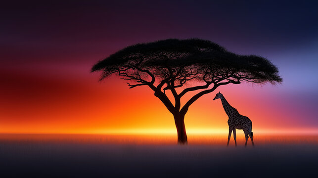 Silhouette einer Giraffe unter einem Akazienbaum vor einem dramatischen Sonnenuntergang in Afrika.