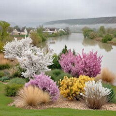 Serene River Landscape with Colorful Spring Blossoms and Misty