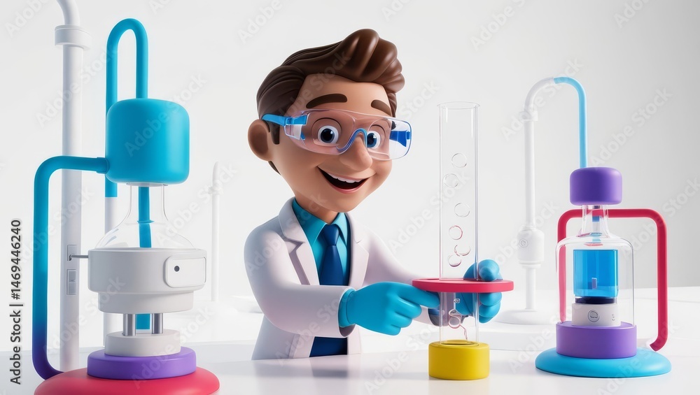 Poster 3d cartoon cartoon scientist in lab experiment - a cheerful cartoon scientist conducts an experiment