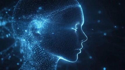 Obraz premium Digital Futuristic Human Profile with Glowing Dots and Lines in Blue Tones