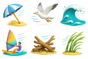 Coastal adventure icons set &ndash; umbrella, seagull, wave, windsurfing, driftwood, grass. 3D icon set