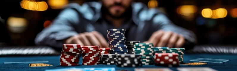 Naklejka premium Man playing poker with stacks of chips on a table banner